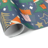 Dinosaur Christmas Party Blue ラッピングペーパー (ロールコーナー)