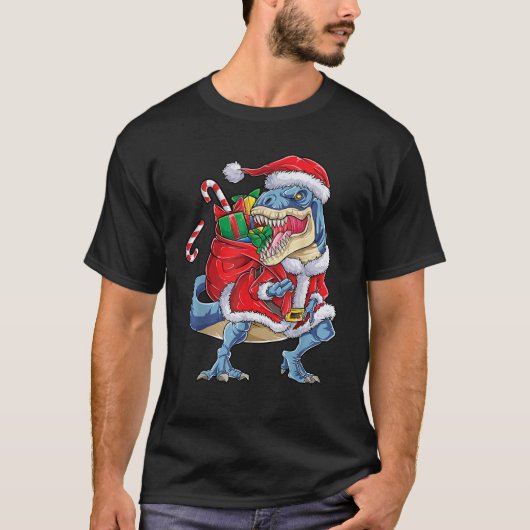 Dinosaur Christmas Santa Claus T rex Boys Men Funn Tシャツ (正面)