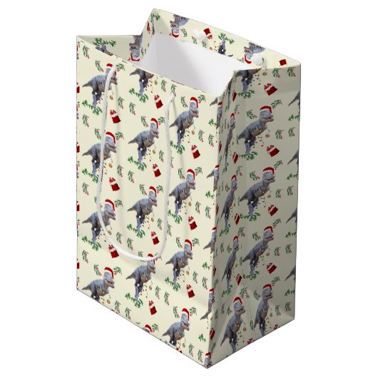Dinosaur Christmas Wrapping Paper Roll ミディアムペーパーバッグ (正面アングル)