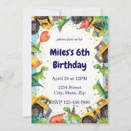 Dinosaur Construction Truck Birthday Invitatio 招待状