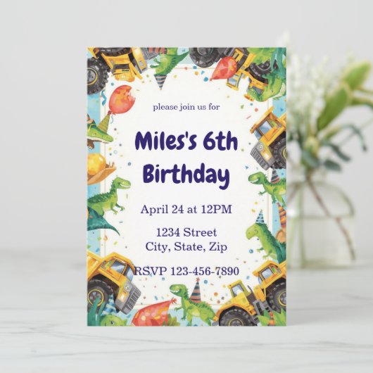 Dinosaur Construction Truck Birthday Invitatio 招待状 (スタンド正面)