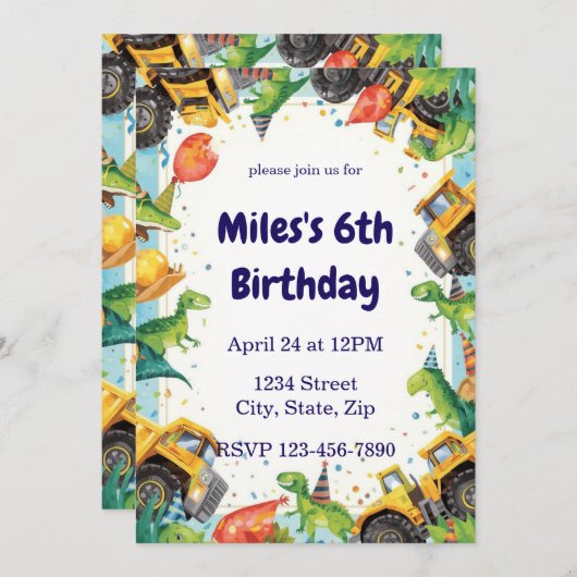 Dinosaur Construction Truck Birthday Invitatio 招待状 (正面/裏面)