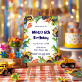 Dinosaur Construction Truck Birthday Invitatio 招待状