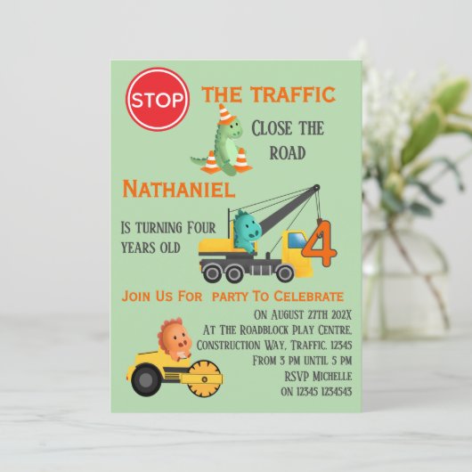 Dinosaur Construction Vehicle 4th Birthday Party 招待状 (スタンド正面)