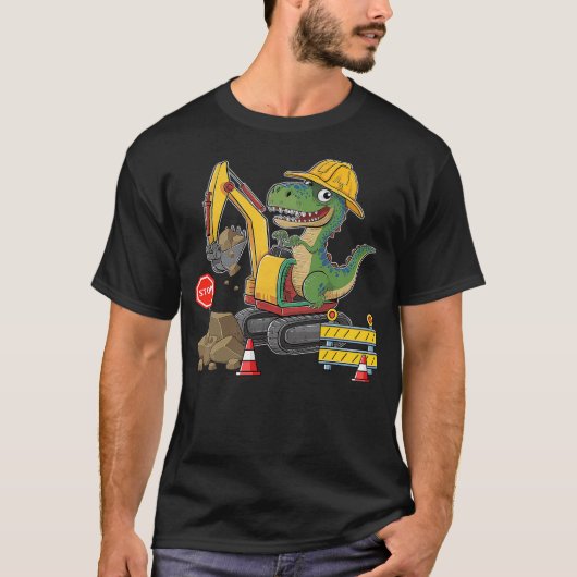 Dinosaur Construction Worker Excavator Truck Kids  Tシャツ (正面)