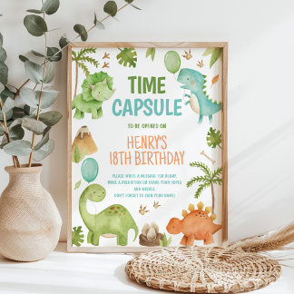 Dinosaur Cute Boy Birthday Party Time Capsule Sign ポスター