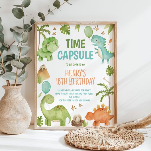 Dinosaur Cute Boy Birthday Party Time Capsule Sign ポスター