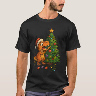 Dinosaur Destroying Christmas Tree Funny Holiday Tシャツ
