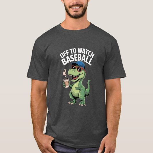 Dinosaur Drinking Coffee Off to Watch Baseball Tee Tシャツ (正面)