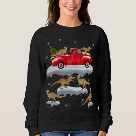 Dinosaur Driving Christmas Tree Red Truck Dinosaur スウェットシャツ (正面)