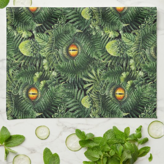 Dinosaur Eyes Green Plants Ancient Creature Art キッチンタオル (折り畳み)