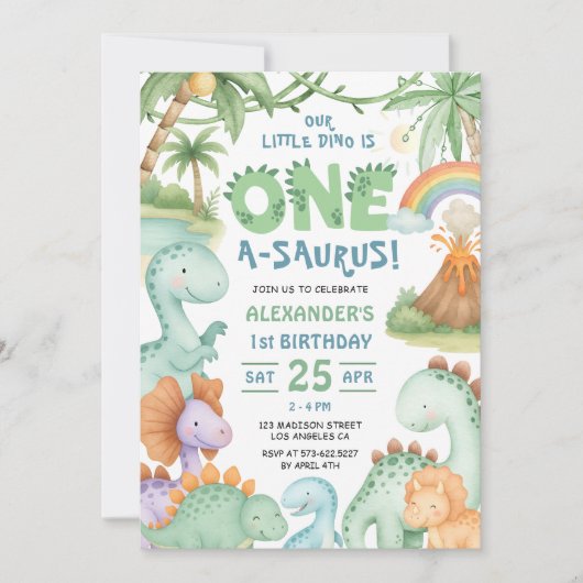 Dinosaur First Birthday Cute Dino Invitation  招待状 (正面)