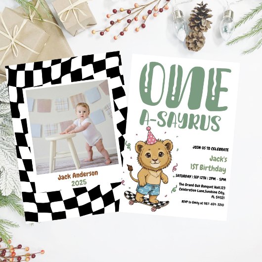 Dinosaur First Birthday, Skateboard Dinos 1 st 招待状