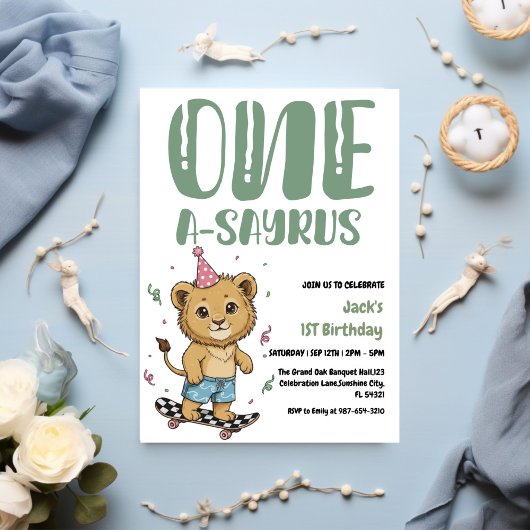 Dinosaur First Birthday, Skateboard Dinos 1 st  招待状