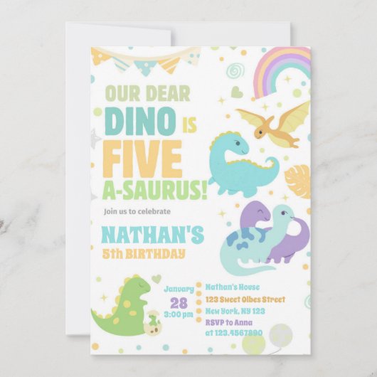 Dinosaur Five-A-Saurus 5th Birthday Party Pastel 招待状 (正面)