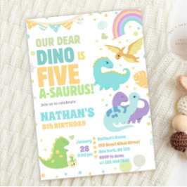 Dinosaur Five-A-Saurus 5th Birthday Party Pastel 招待状