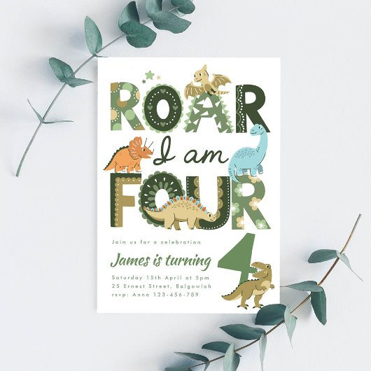 Dinosaur Fourth Birthday Invite, Roar I'm Four 招待状