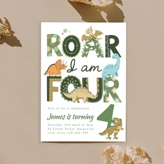 Dinosaur Fourth Birthday Invite, Roar I'm Four 招待状