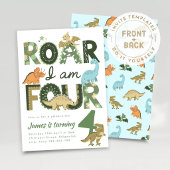 Dinosaur Fourth Birthday Invite, Roar I'm Four 招待状