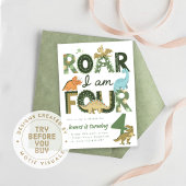 Dinosaur Fourth Birthday Invite, Roar I'm Four 招待状