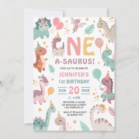 Dinosaur Girl 1st Birthday Invitation 招待状 (正面)