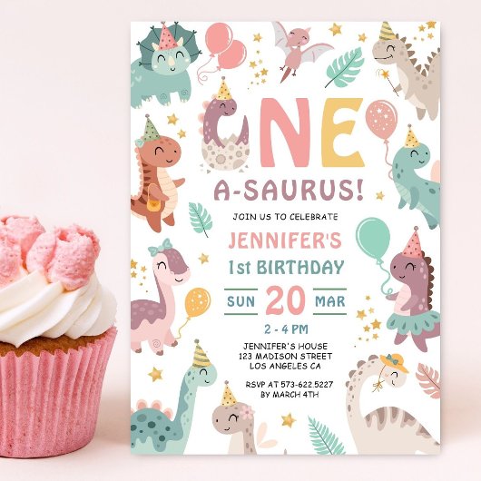 Dinosaur Girl 1st Birthday Invitation 招待状
