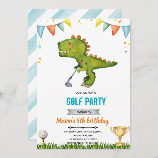 Dinosaur golf birthday Invitation 招待状 (正面/裏面)