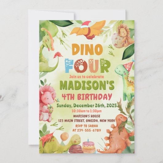 Dinosaur Greenery Dino Four T Rex 4th Birthday 招待状 (正面)