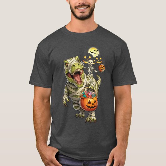 Dinosaur Halloween Skeleton Riding Mummy T Rex Cos Tシャツ (正面)