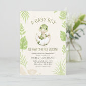 Dinosaur Hatching Soon Baby Boy Shower 招待状 (スタンド正面)
