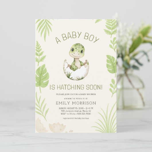 Dinosaur Hatching Soon Baby Boy Shower  招待状 (スタンド正面)