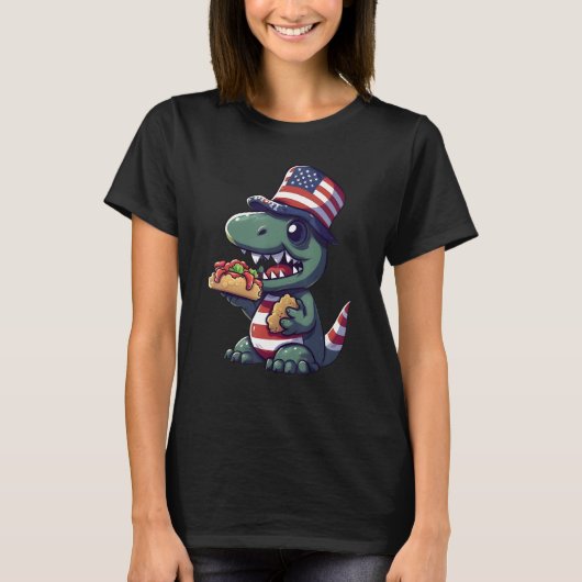 Dinosaur Hot Dog 4th of July USA Flag Kids Boys Pa Tシャツ (正面)