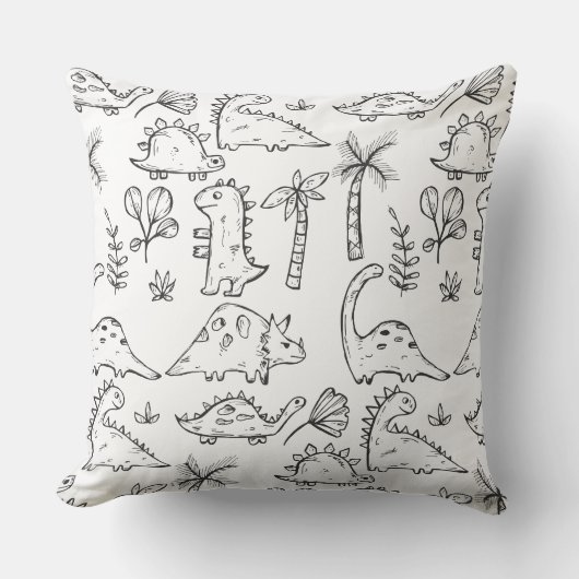 Dinosaur Illustrations Black and White Pattern クッション (正面)