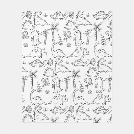 Dinosaur Illustrations Black and White Pattern フリースブランケット (正面)