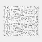 Dinosaur Illustrations Black and White Pattern フリースブランケット (正面(横))