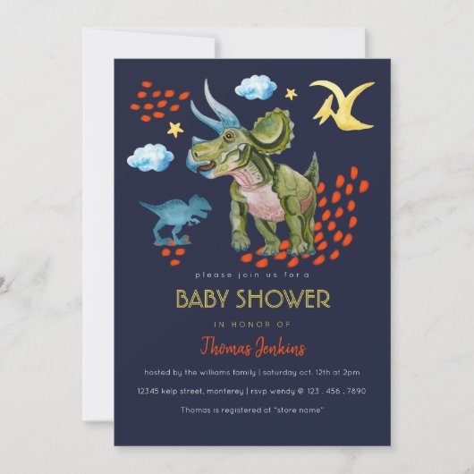 Dinosaur in watercolor Baby Shower invite. 招待状 (正面)