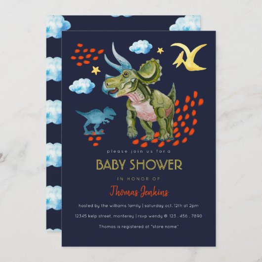 Dinosaur in watercolor Baby Shower invite. 招待状 (正面/裏面)