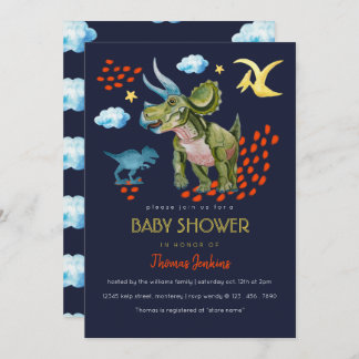 Dinosaur in watercolor Baby Shower invite. 招待状