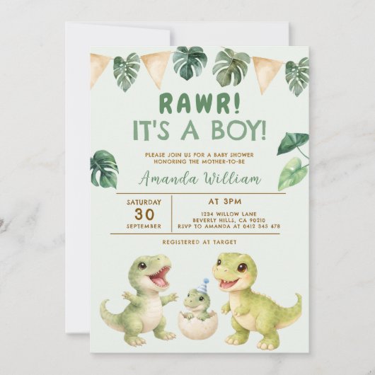 Dinosaur It's a Boy Dinosaur Baby Shower 招待状 (正面)