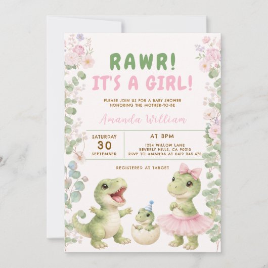 Dinosaur It's a Girl Dinosaur Baby Shower 招待状 (正面)