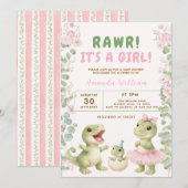 Dinosaur It's a Girl Dinosaur Baby Shower 招待状 (正面/裏面)