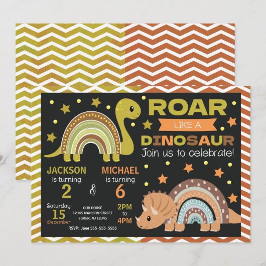 Dinosaur Joint Birthday Invitation for Siblings 招待状 (正面/裏面)
