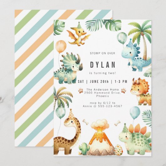 Dinosaur Kids Birthday Party Invitation 招待状 (正面/裏面)