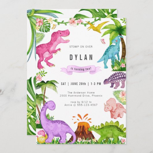 Dinosaur Kids Birthday Party Invitation 招待状 (正面/裏面)