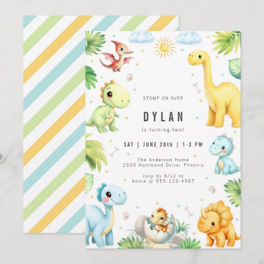 Dinosaur Kids Birthday Party Invitation 招待状 (正面/裏面)