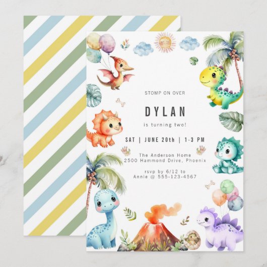 Dinosaur Kids Birthday Party Invitation 招待状 (正面/裏面)