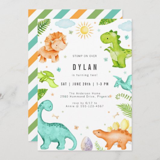 Dinosaur Kids Birthday Party Invitation 招待状 (正面/裏面)