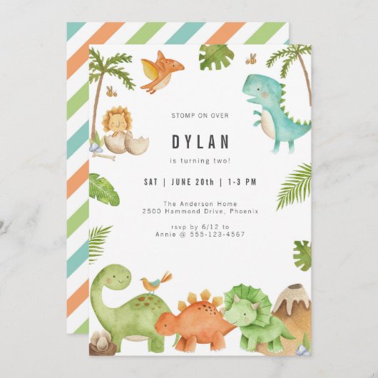 Dinosaur Kids Birthday Party Invitation 招待状 (正面/裏面)