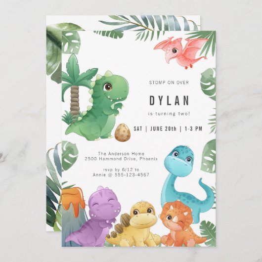 Dinosaur Kids Birthday Party Invitation 招待状 (正面/裏面)