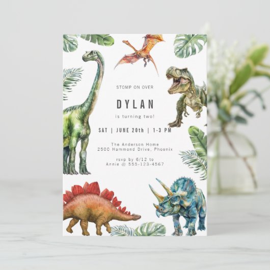 Dinosaur Kids Watercolor Birthday Invitation 招待状 (スタンド正面)